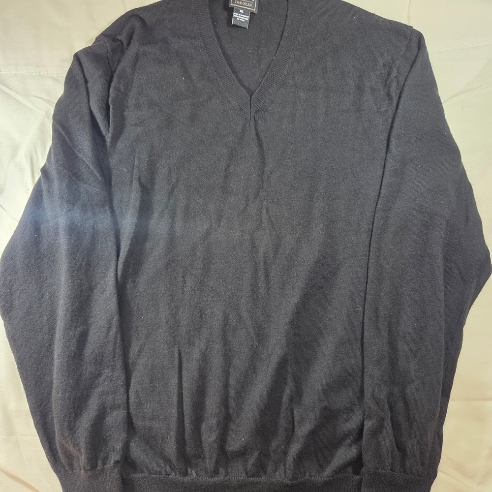 Jos A Bank Traveler Sweater Mens XXL Black 100% Merino Wool V-Neck Pullover